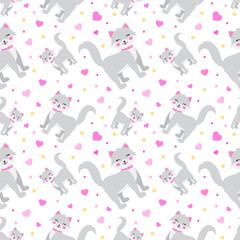 Cute little cat whith hearts seamless pattern. funny endless background, texture. Children's backdrop. Vector illustration.