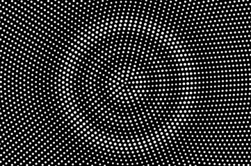 White dots on black background. Grungy centered halftone vector texture. Round dotwork gradient.