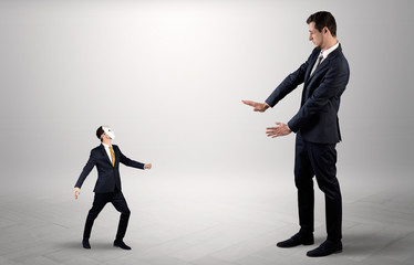 Conflict between small masked businessman and big elegant businessman
