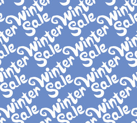 Seamless pattern Winter sale. White handwritten inscription is repeated on a blue background. Template for advertising, seasonal sale.