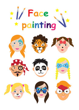 Face painting for kids collection. set of icons in cartoon flat style for banner, poster. children's holiday background. Vector illustration