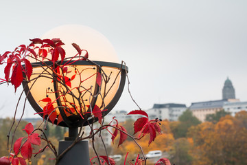Interesting outdoor lantern used for decor and night lighting with red leaves at autumn.