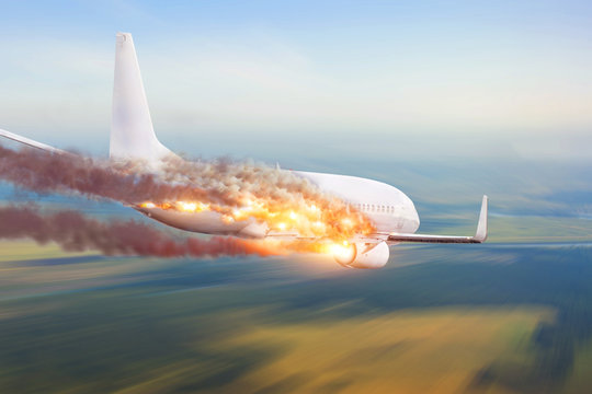 Airplane exploded in the sky, crashes. Crash concept.