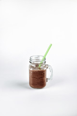 Protein chocolate cocktail for sports nutrition and training. Functional food without calories.
