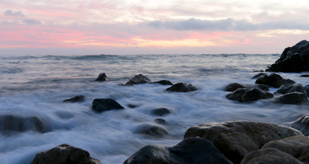 Fototapeta na wymiar Ventura, California Harbor and beach at sunset and dusk
