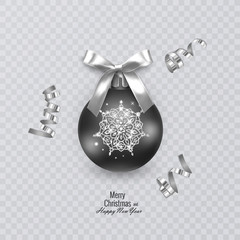 Black christmas ball with glittering ornament on transparent background, vector christmas decorations