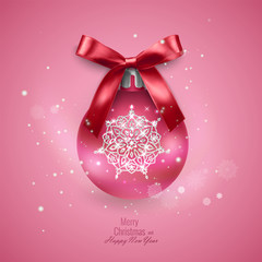 Bright new year card with a realistic Christmas ball, decorated with a bow. Vector illustration