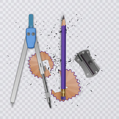 Drawing tool kit, compass, pencil and ruler on transparent background, school supplies, vector illustration