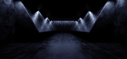 Sci Fi Dark Empty Space Grunge  Alien Ship Reflective Concrete Spotlights White Glowing Tunnel Big Hall Corridor Cyber Stage Room 3D Rendering
