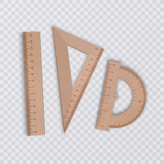 Set of wooden lines on a transparent background, Ruler, Triangle Ruler, Protractor, school supplies. Vector Illustration