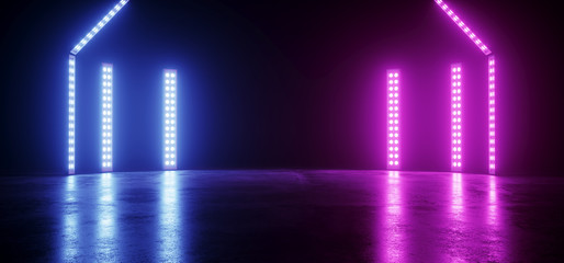 Cyber Neon Glowing Sci Fi Modern Futuristic Retro Big Empty Vibrant Purple Blue Pink Glowing Stage Showroom Club Dance On Dark Background Grunge Concrete 3D Rendering