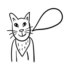 Cartoon  doodle cat with speech bubble isolated on white background. Vector illustration.   