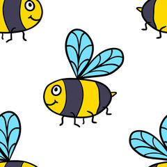 Seamless pattern with cartoon doodle linear bee Wrapping paper, fabric, textile, background. Vector illustration. 