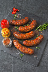 Appetizing meat sausages. Bavarian sausages barbecue.