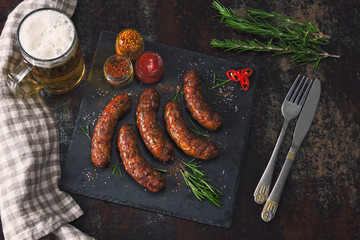 Appetizing meat sausages. Bavarian sausages barbecue.
