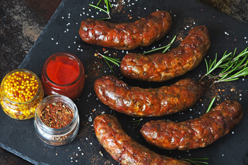 Appetizing meat sausages. Bavarian sausages barbecue.