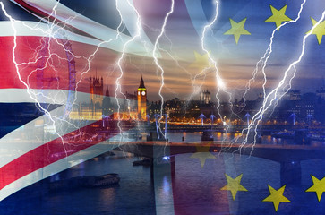 No Deal BREXIT conceptual image of lightning over London and UK and EU flags symbolising...