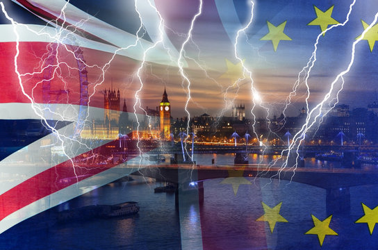 No Deal BREXIT conceptual image of lightning over London and UK and EU flags symbolising destruction of agreement