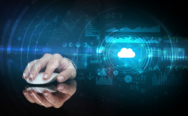 Hand using wireless mouse with cloud technology concept and dark background