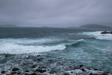 storm in the sea seen from the coast in baiona, galicia