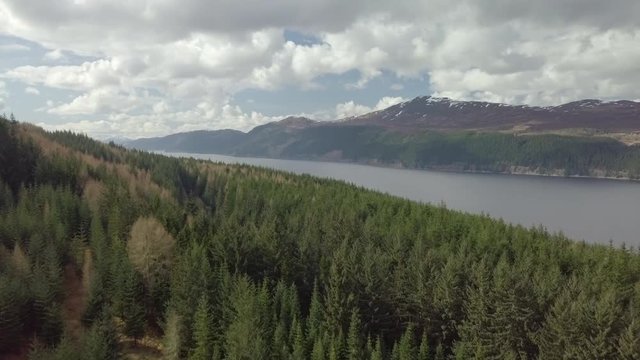 Rising aerial footage over fir trees of Loch Ness looking towards Fort Augustus, Scottish Highlands, Scotland