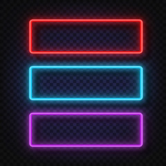 Neon light banners set. Vector Neon light frame sign. Realistic glowing neon frames isolated on transparent background. Shining and glowing neon effect. Plates with a place for inscriptions