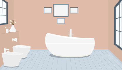 Fototapeta na wymiar Provencal style bathroom with fashionable bath,toilet, bidet, toilet paper,vase with snowdrops,a window,paintings on pale pink wall.Wooden planks on floor.Vector illustration