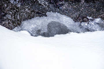 melting snow near to dirty asphalt and puddles, spring is approaching