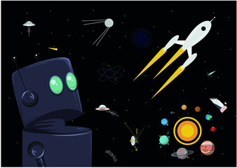 Cosmos space icons vector set isolated on night black background. Satellite, meteorite, planets, astronaut and spaceships