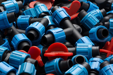 Different equipment for construction drip irrigation. Water taps, tees, switches and other plastic...