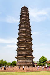 The Iron Pagoda of Kaifeng, Henan, China. Built in 1069 and 57m high, its glazed surface of Iron color features 1600 intricate and richly detailed carvings. Kaifeng is an ancient capital of China