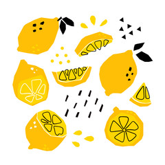 Hand drawn abstract lemons. Colored vector set. All elements are isolated