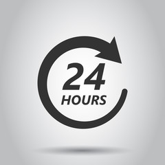 Twenty four hour clock icon in flat style. 24/7 service time illustration on white background. Around the clock sign concept.