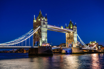 Tower Bridge at night in London, UK