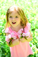 Fototapeta premium Spring freshness. Small child. Natural beauty. Childrens day. Springtime. weather forecast. Summer girl fashion. Happy childhood. Little girl in sunny spring. face and skincare. allergy to flowers