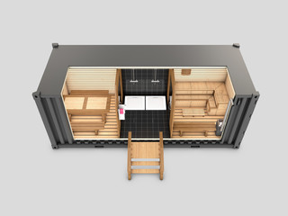 Converted old shipping container into sauna, 3d Illustration isolated gray view top
