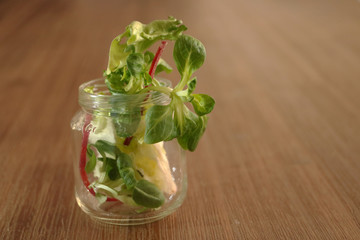 Green salat leaves and pieces of cutted beetroot in jar of glass