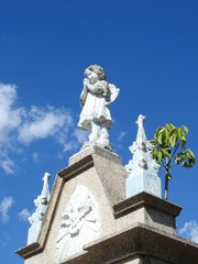 Obraz premium Scene in a graveyard: bottom view of a stone statue of an angel with hands clasped, praying. It is on the top of a mausoleum. Blue sky with few clouds on a sunny day.