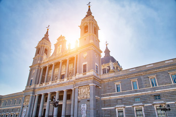 Fototapeta na wymiar Madrid, Famous Almudena Cathedral on a bright sunny day