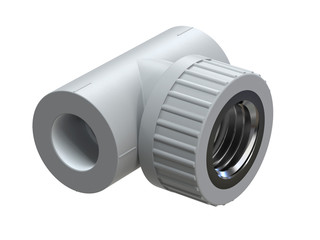 Tee with threaded bushing for polypropylene pipes. Image for advertising plumbing fittings. 3D rendering.