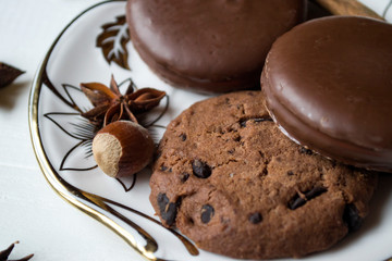 Chocolate cookies at the plate.