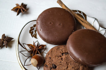 Chocolate cookies at the plate.