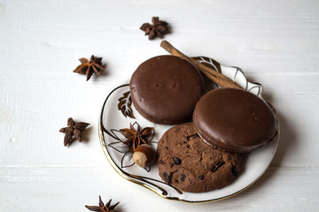 Chocolate cookies at the plate.