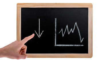 Hand pointing to down arrow and value diagram on a blackboard on white background - 246882232
