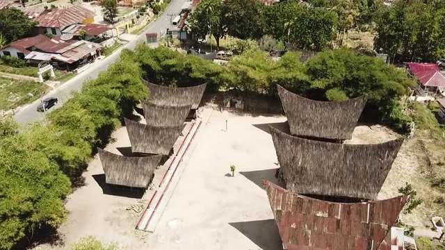 Drone view of the tradional Batak village on Samosir Island, Lake Toba, Sumatra, Indonesia.