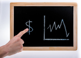 Hand pointing to  American dollars value diagram on a blackboard on white background - 246882610
