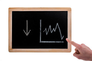 Hand pointing to down arrow and value diagram on a blackboard on white background - 246882862