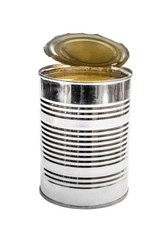 Opened metal tin can on white.