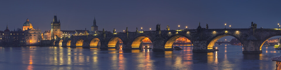 Fototapeta na wymiar Panoramic view of Charles Bridge at Night, Prague - Czech Republic