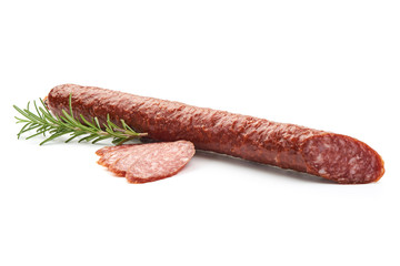 Salami dried sausage with rosemary, close-up, isolated on white background